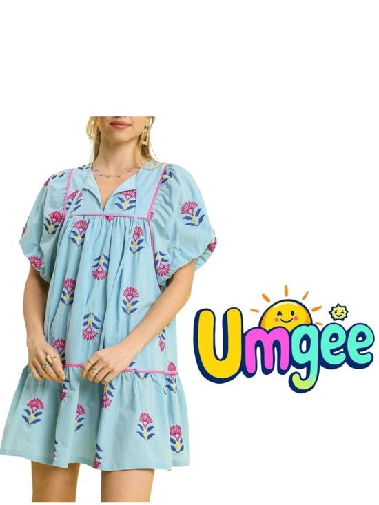 Umgee Dresses & Skirts - Umgee Retro Mod Blue Floral Embroidered Babydoll Dress Size Small